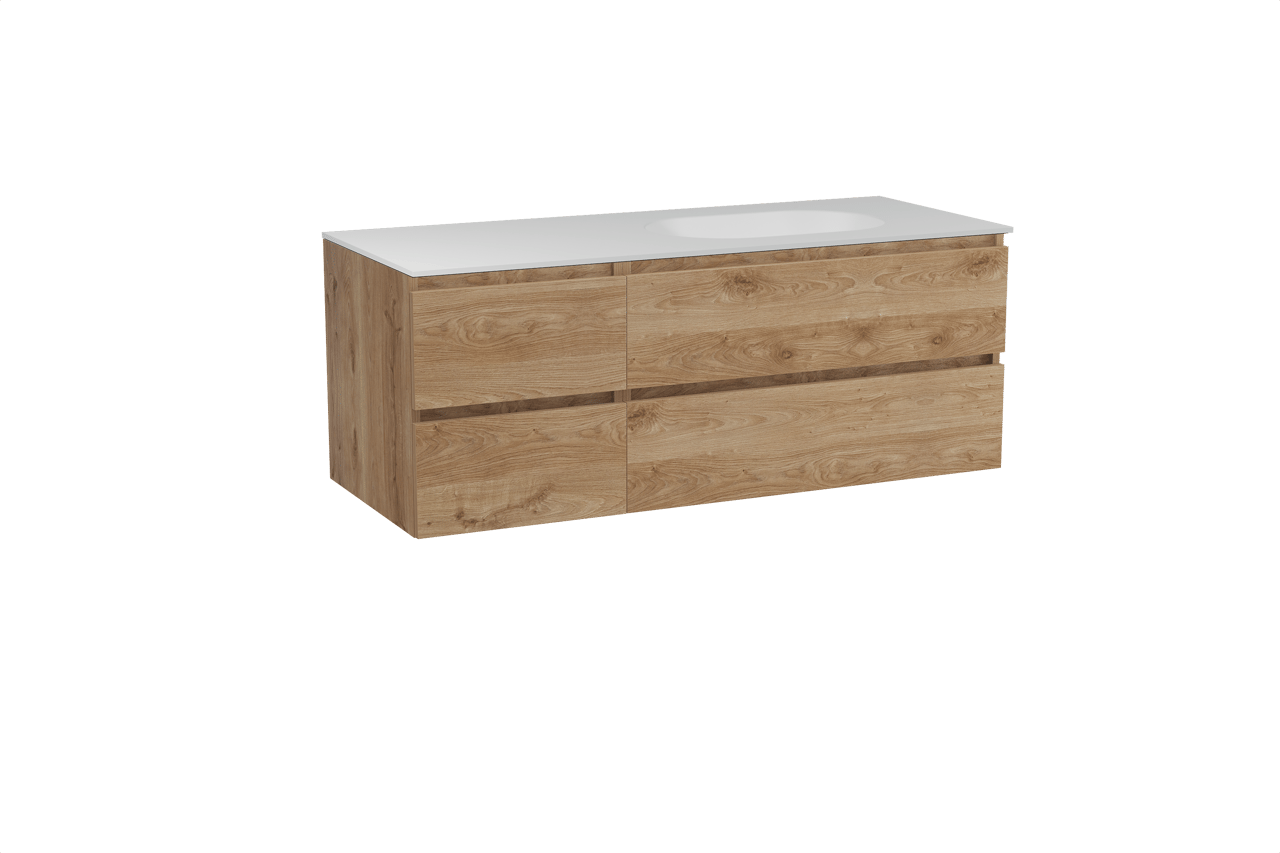 Balmani Lucida meuble salle de bains suspendu 135 x 55 cm chêne brut avec Tablo Oval vasque asymétrique droite en solid surface blanc mat