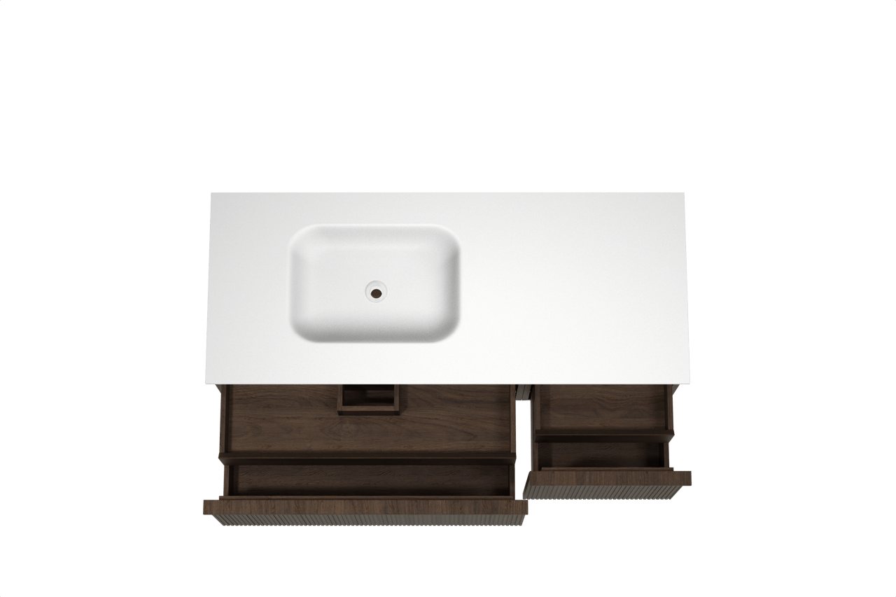 Balmani Forma hängendes Möbelstück Set: 135 x 55 cm, Geräucherte Eiche, mit Tablo Arcato Waschtisch links, Solid Surface, Weiß matt, Vertikale symmetrische gerade Rippe