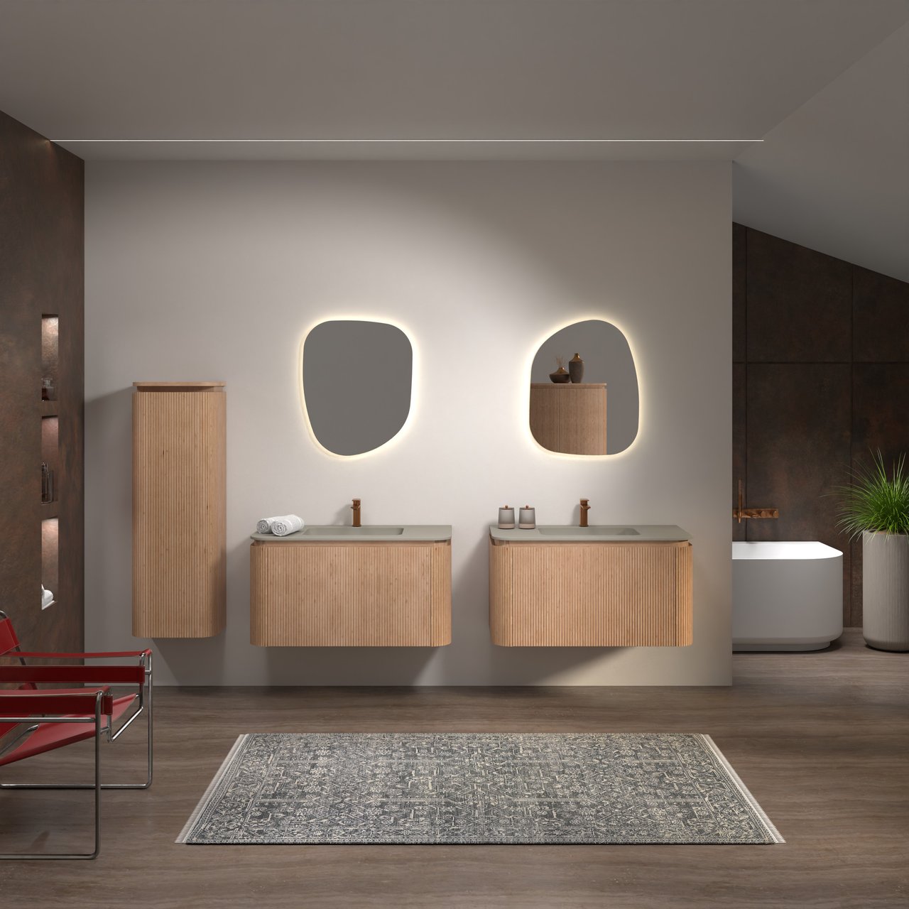 Balmani Moon hängendes Möbelstück Set: 100 x 55 cm, Naturbelassene Eiche, mit Moon Einzelwaschtisch, Top Solid, Seidengrau, Vertikale symmetrische gerade Rippe