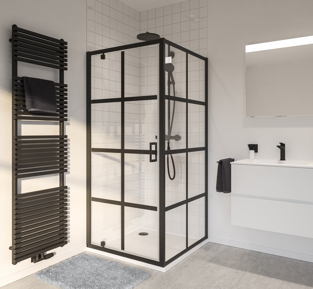 Luca Varess Vidor douchehoek met draaideur en vaste zijwand 90 x 90 cm Square glas mat zwart profiel