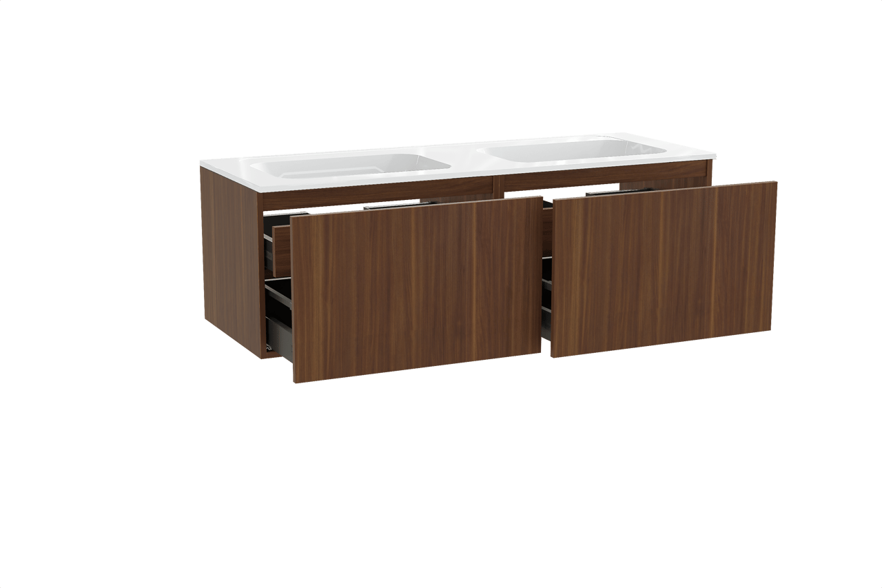 Balmani Sfera hängendes Möbelstück Set: 150 x 55 cm, Amerikanischer Nussbaum, mit Tablo Strada Doppelwaschtisch, Marmorkomposit Weiß glänzend