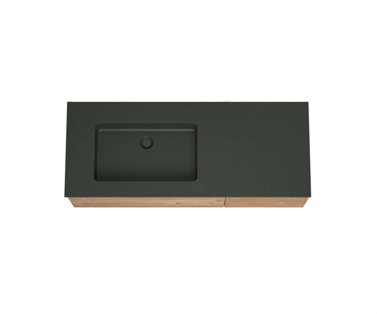 Storke Edge zwevend badkamermeubel 130 x 52 cm ruwe eik met Scuro asymmetrisch linkse wastafel in kwarts mat zwart