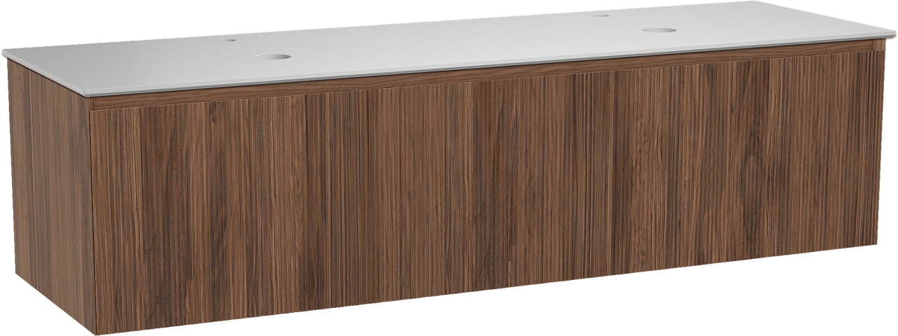 Balmani Fila zwevend badmeubel 180 x 55 cm notenhout met Facetta dubbel wastafelblad in solid surface mat wit, Verticale symmetrische rechte ribbel