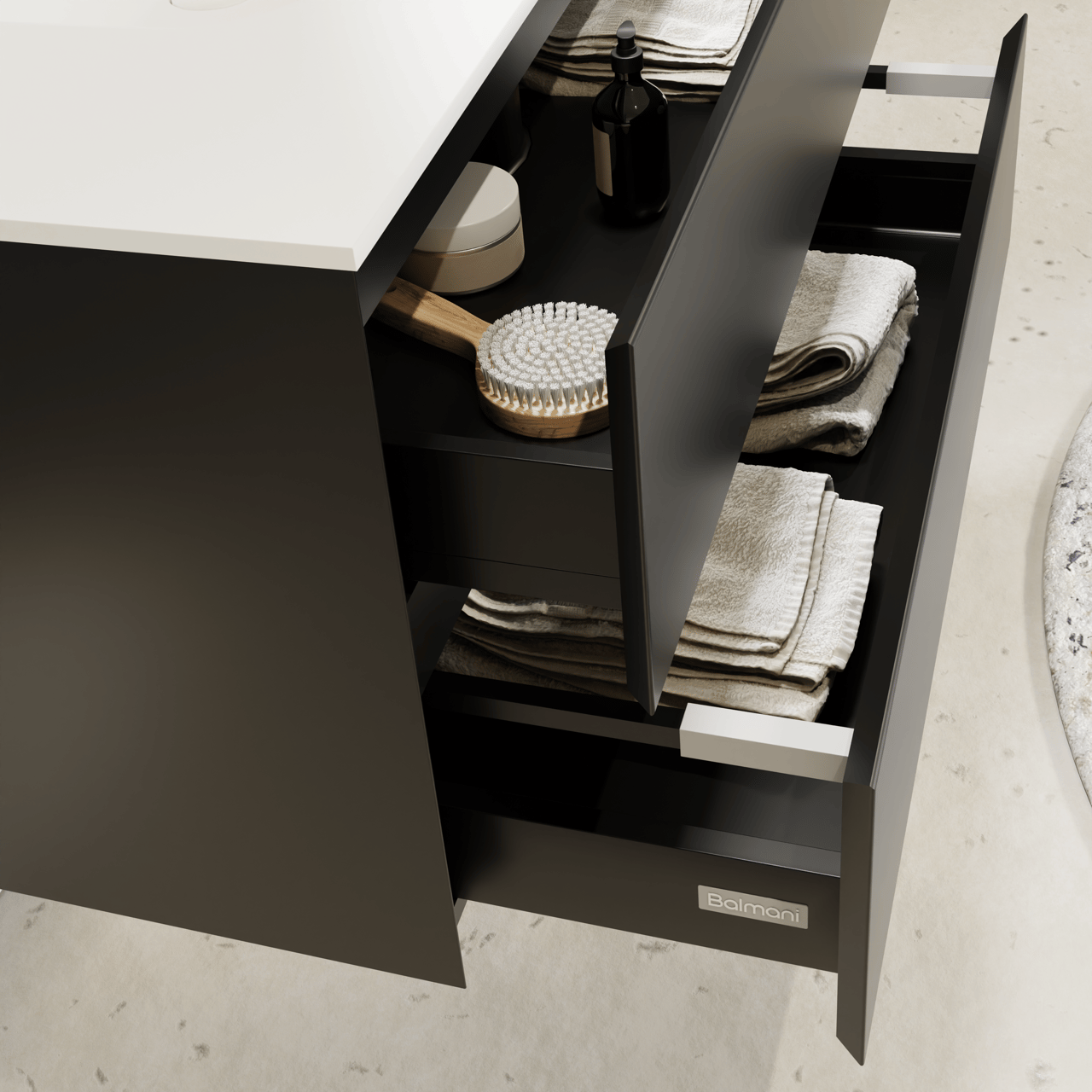 Balmani Mitra hängendes Möbelstück Set: 135 x 55 cm, Schwarz matt, mit Tablo Arcato Waschtisch links, Solid Surface Weiß matt