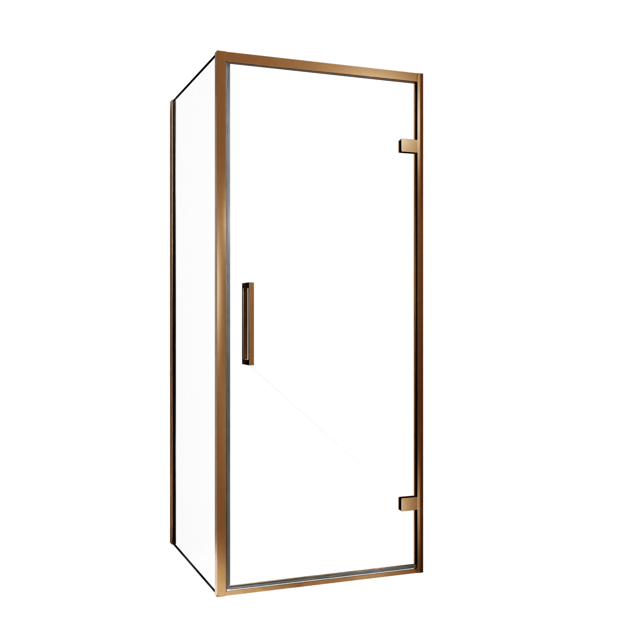 Balmani Senses Design douche en coin avec porte pivotante à droite et paroi latérale fixe, 90 x 70 cm, Verre transparent, Profil Brushed Rosegold