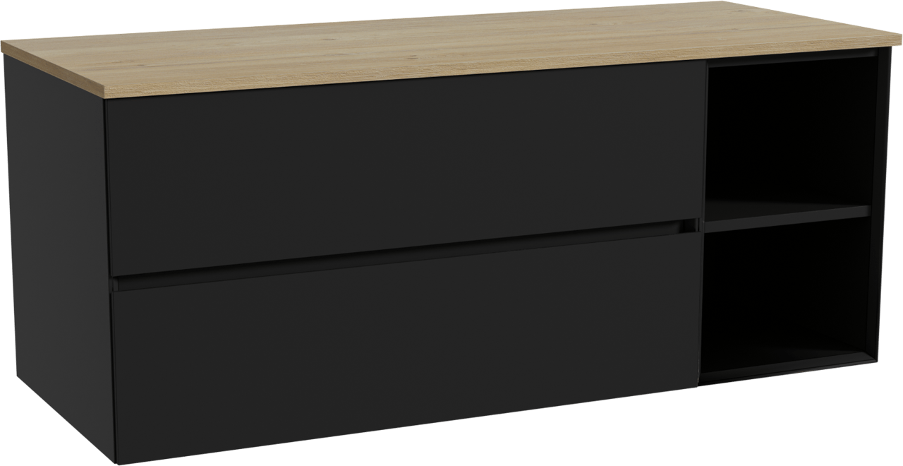 Storke Edge zwevend badkamermeubel 130 x 52 cm mat zwart met Panton enkel of dubbel tablet in melamine ruwe eik