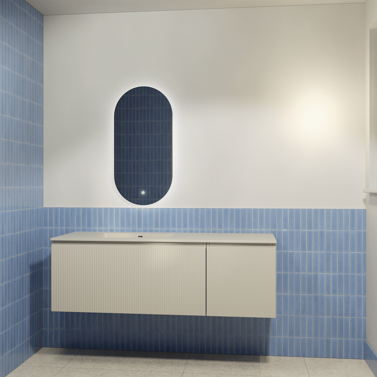 Storke Ribs zwevend badkamermeubel 150 x 52 cm zijdegrijs met Diva asymmetrisch linkse wastafel in top solid zijdegrijs, Verticale symmetrische rechte ribbel en Somma badkamerspiegel