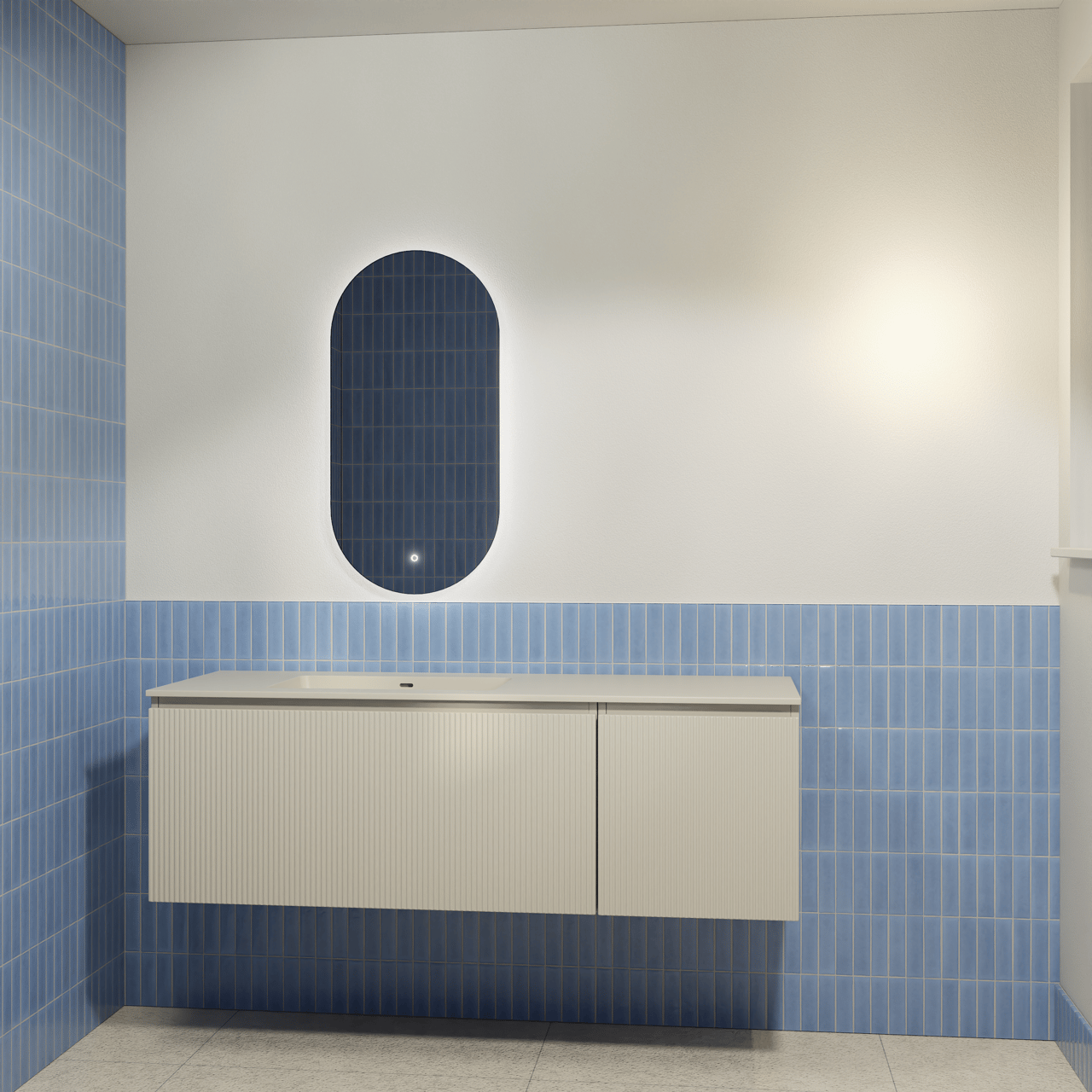 Storke Ribs hängendes Möbelstück Set: 150 x 52 cm, Seidengrau, mit Diva Waschtisch links, Top Solid, Seidengrau, Vertikale symmetrische gerade Rippe und Somma Badspiegel