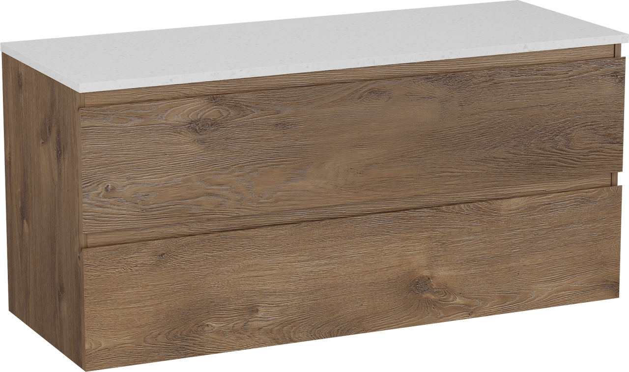 Linie Lado meuble salle de bains suspendu 120 x 46 cm chêne brun avec Lado tablette simple ou double en mélaminé terrazzo blanc