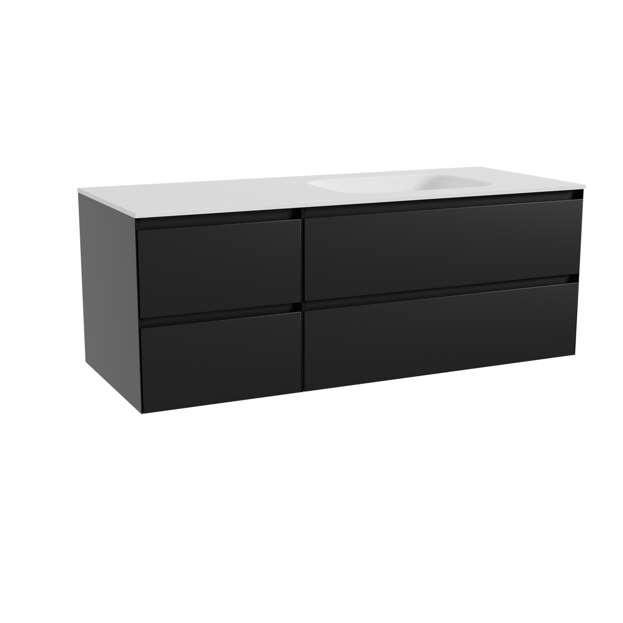 Balmani Mitra zwevend badmeubel 135 x 55 cm mat zwart met Tablo Arcato asymmetrisch rechtse wastafel in solid surface mat wit