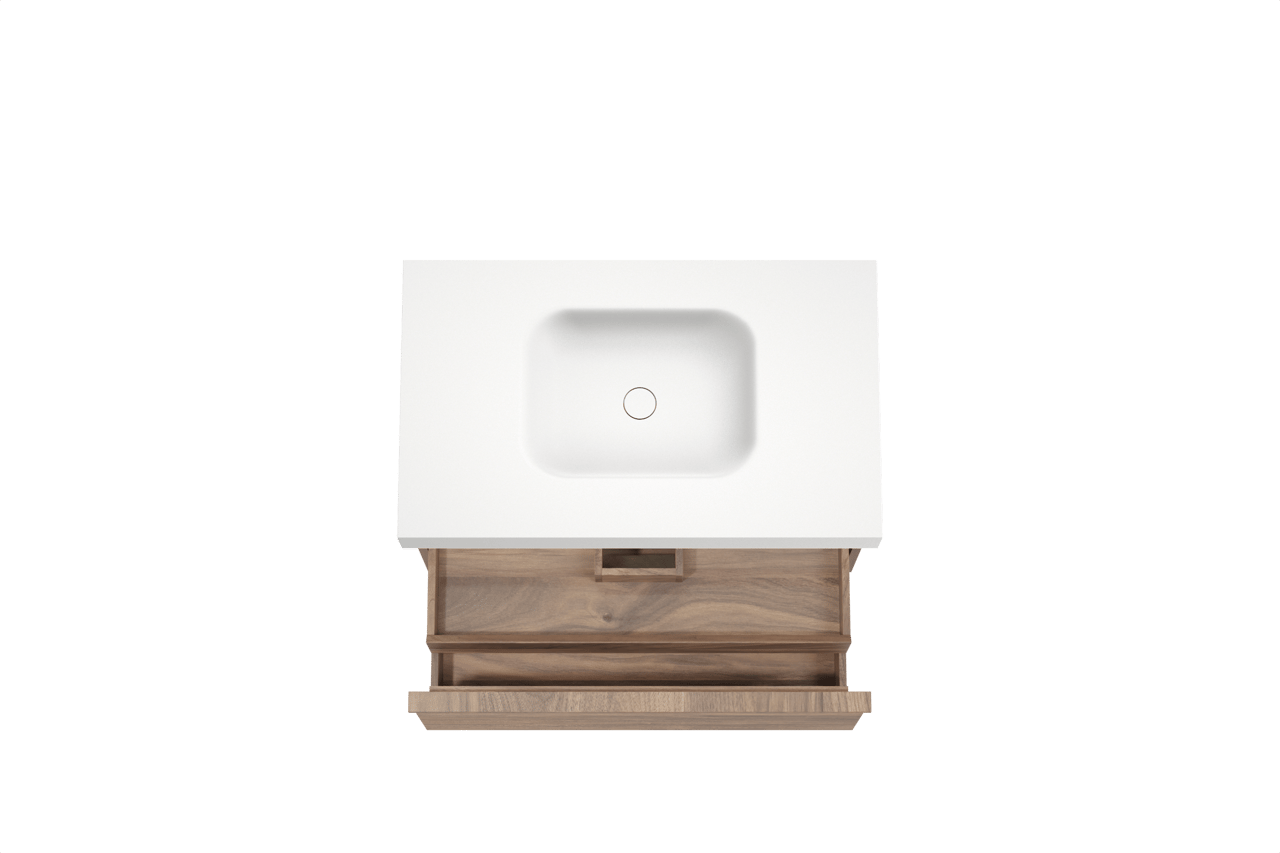 Balmani Forma meuble salle de bains suspendu 90 x 55 cm noyer américain avec Arcato plan simple en solid surface blanc mat, Nervure droite symétrique horizontale