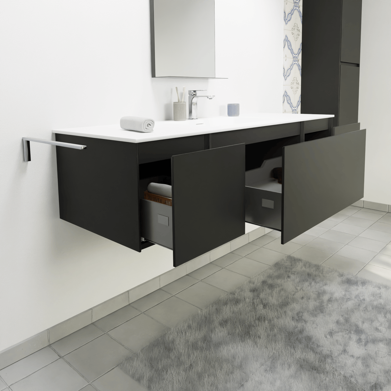 Storke Edge hängendes Möbelstück Set: 145 x 52 cm, Schwarz matt, mit Mata Einzelwaschtisch, Solid Surface Weiß matt