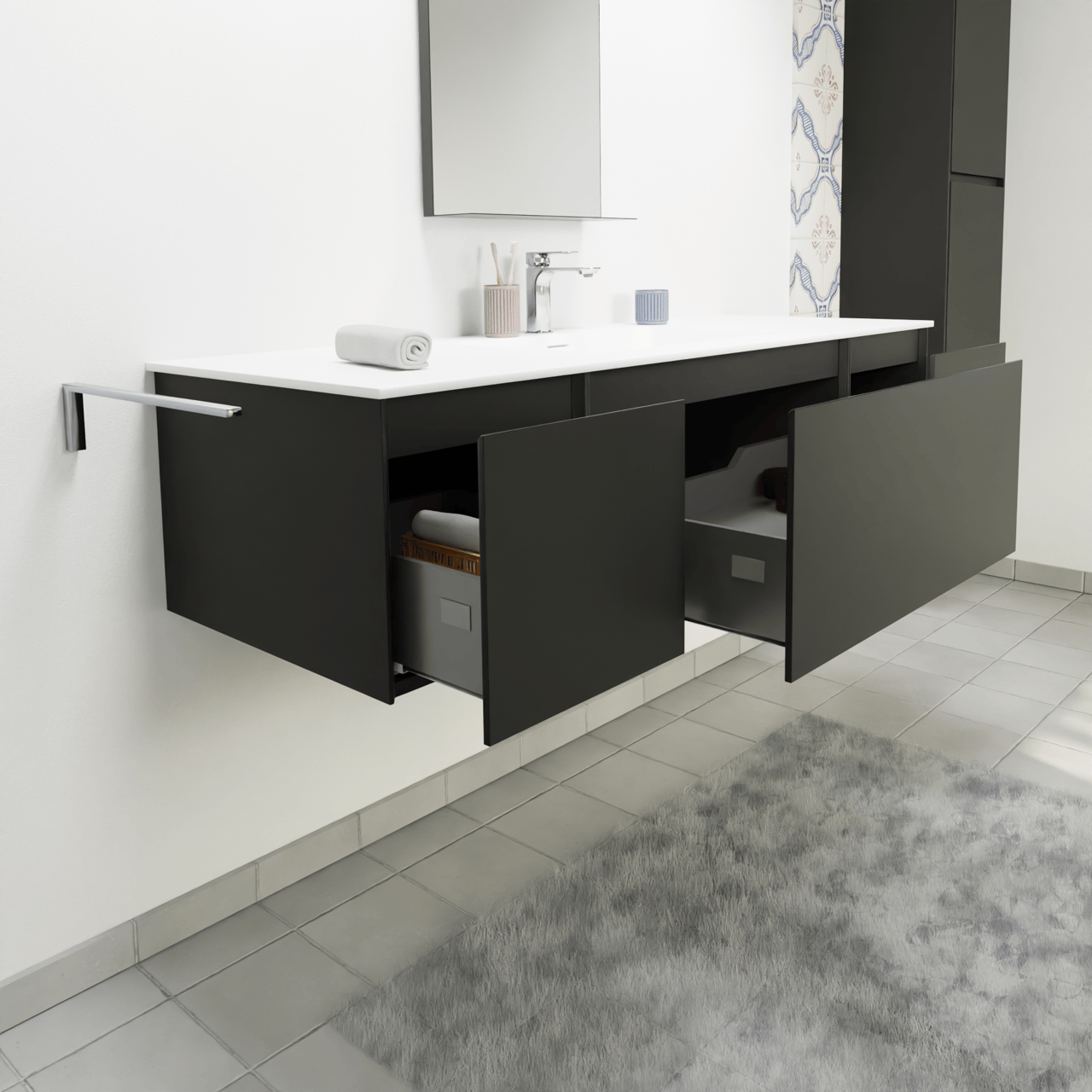 Storke Edge zwevend badkamermeubel 145 x 52 cm mat zwart met Mata enkele wastafel in solid surface mat wit