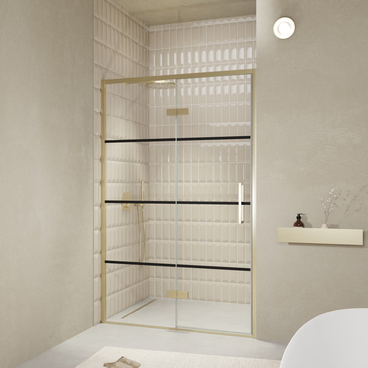 Balmani Senses Design douche draaideur links 140 cm x 210 cm Lined glas, Brushed Champagne Gold profielen