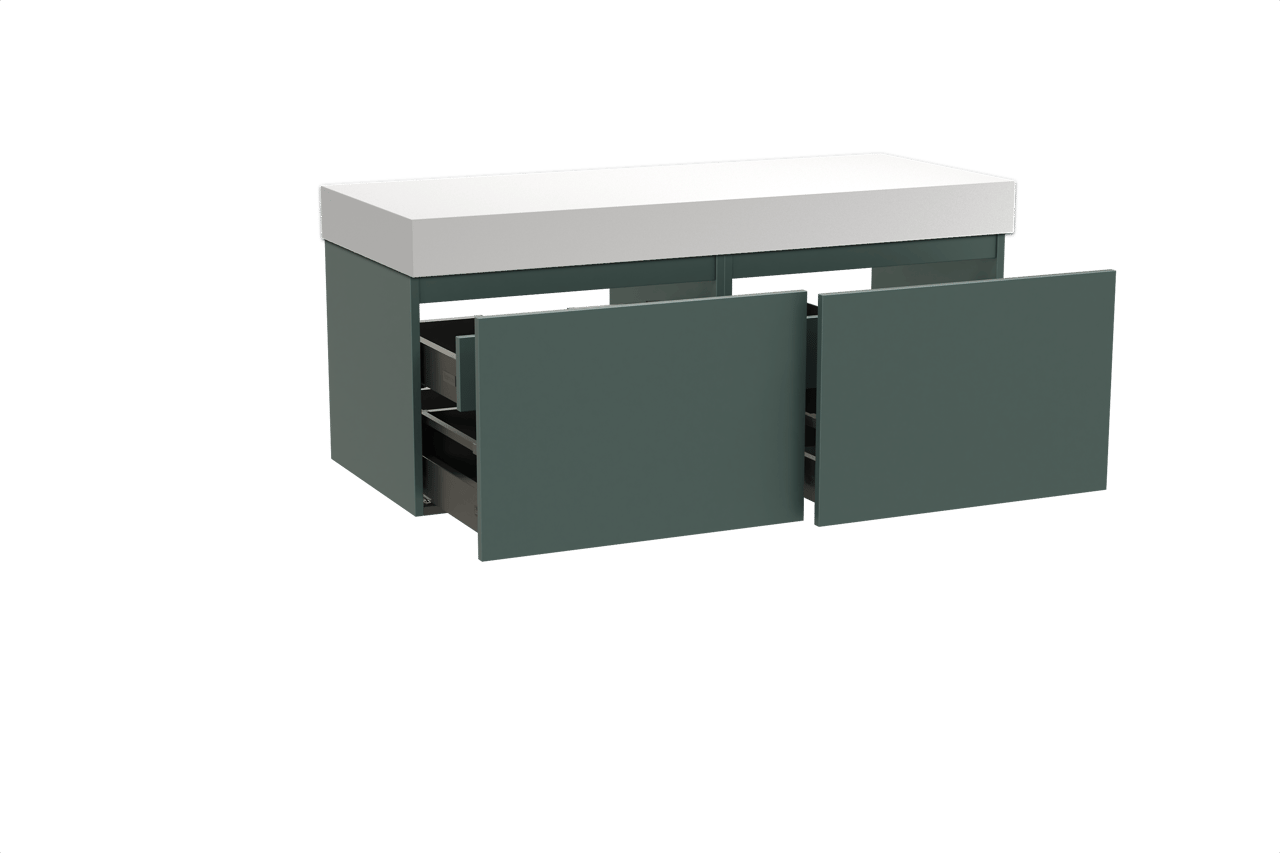 Balmani Sfera hängendes Möbelstück Set: 135 x 55 cm, Forest, mit Dominus Einzel- oder Doppel Waschtischplatte, Solid Surface Weiß matt