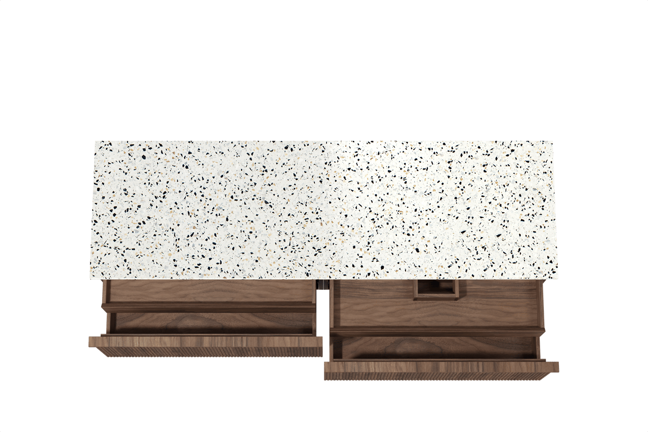 Balmani Forma hängendes Möbelstück Set: 180 x 55 cm, Amerikanischer Nussbaum, mit Stretto Einzel- oder Doppel Waschtischplatte, Terrazzo in Weiß/Schwarz matt, Vertikale symmetrische gerade Rippe