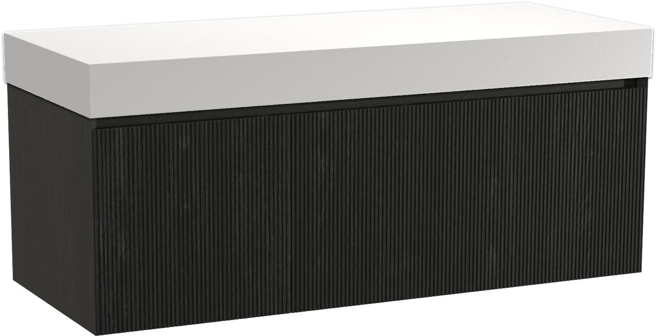 Balmani Fila zwevend badmeubel 135 x 55 cm zwart eiken met Dominus enkel of dubbel wastafelblad in solid surface mat wit, Verticale symmetrische rechte ribbel