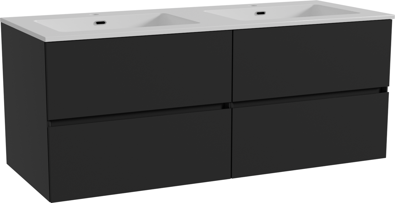 Storke Edge meuble salle de bains suspendu 130 x 52 cm noir mat avec Diva double vasque en marbre composite blanc brillant