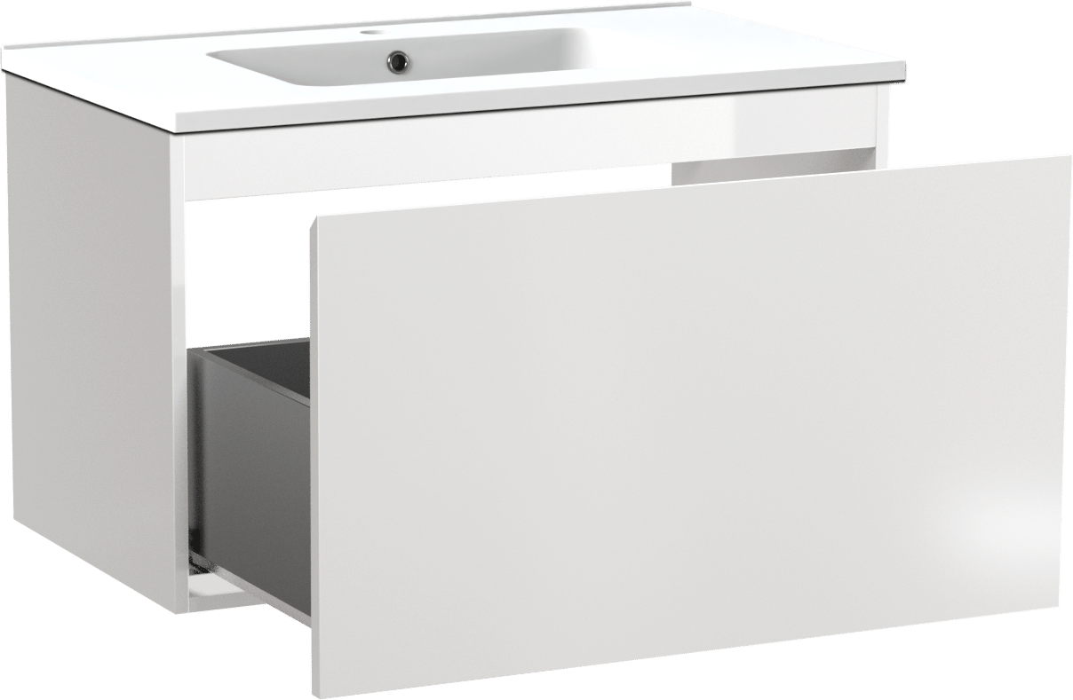 Linie Lado zwevend badkamermeubel 80 x 46 cm glanzend wit met Vano enkele wastafel in composietmarmer mat wit