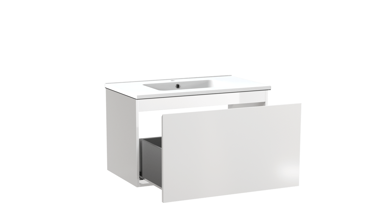 Linie Lado hängendes Möbelstück Set: 80 x 46 cm, Weiß glänzend, mit Vano Einzelwaschtisch, Marmorkomposit Weiß matt