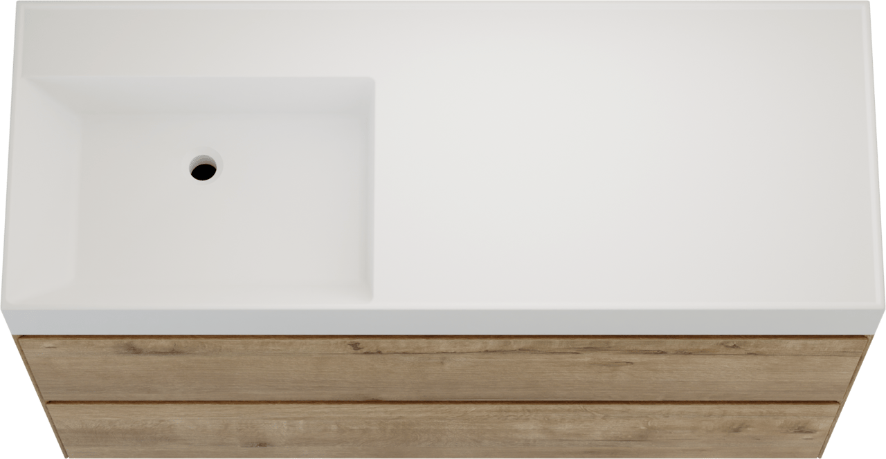 Balmani Mitra Compact zwevend badkamermeubel 120 x 46 cm ruwe eik met Argila asymmetrisch linkse wastafel in composietmarmer mat wit