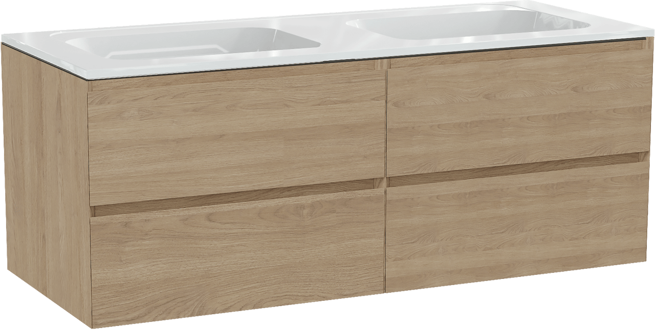 Balmani Mitra meuble salle de bains suspendu 135 x 55 cm chêne naturel avec Tablo Strada double vasque en marbre composite blanc brillant