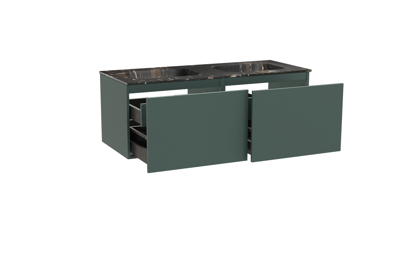 Balmani Sfera zwevend badkamermeubel 135 x 55 cm forest met Tablo Arcato dubbele wastafel in marmer portoro gold