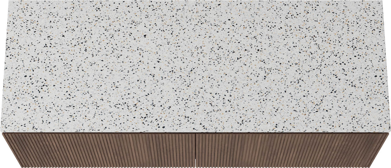 Balmani Eclips zwevend badkamermeubel 150 x 55 cm Amerikaanse notelaar met Stretto enkel of dubbel tablet in Bianco Nero Terrazzo, Verticale symmetrische rechte ribbel