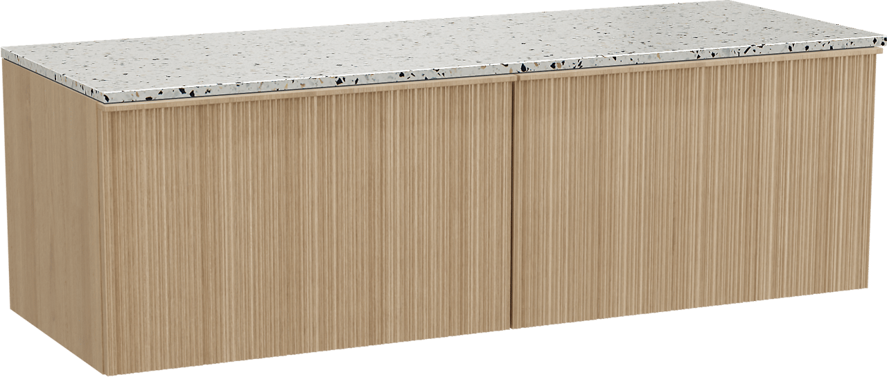 Balmani Forma meuble salle de bains suspendu 150 x 55 cm chêne naturel avec Stretto tablette simple ou double en blanc/noir mat terrazzo, Nervure circulaire asymétrique verticale