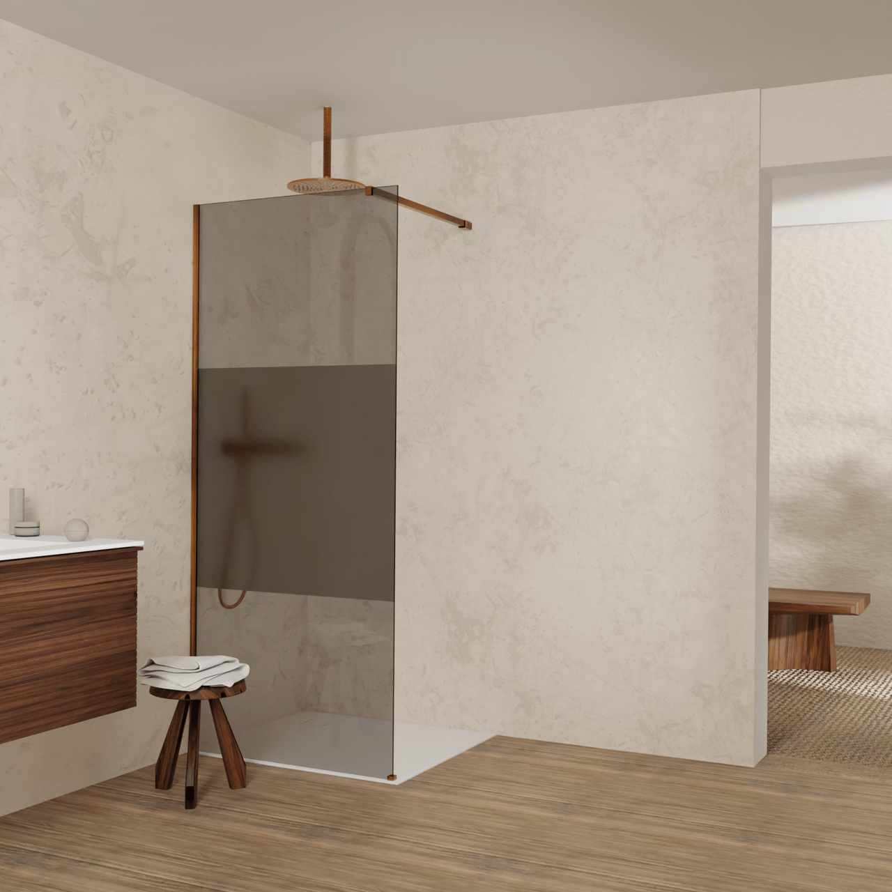 Balmani Modular inloopdouche: 90 x 200 cm, Rookglas met matte strook, Brushed Rosegold profielen