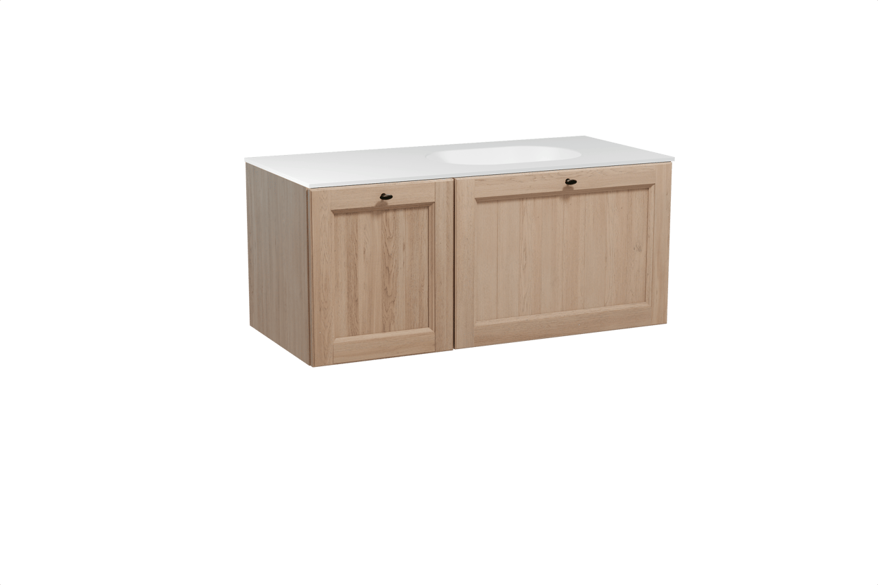 Balmani Lemon zwevend badmeubel 120 x 55 cm verweerd eiken met Tablo Oval asymmetrisch rechtse wastafel in solid surface mat wit