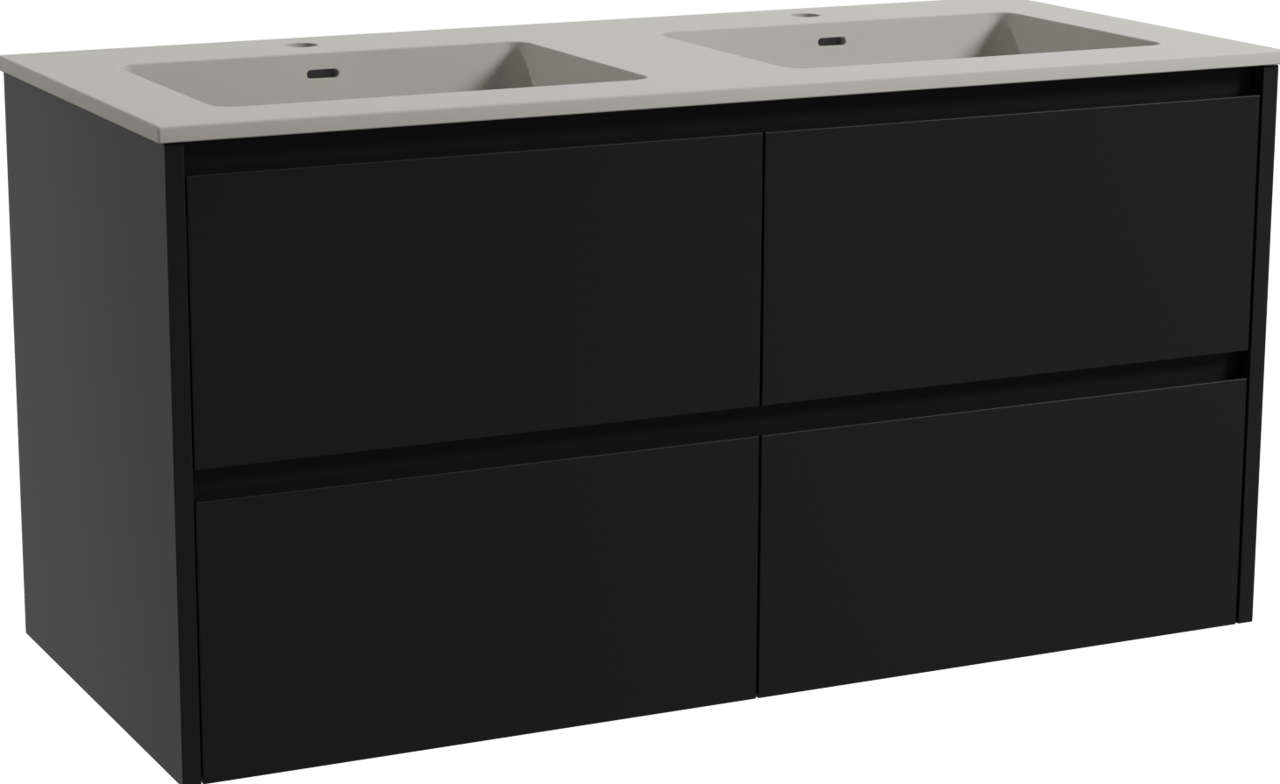 Storke Seda zwevend badmeubel 120 x 52 cm mat zwart met Diva dubbele wastafel in top solid zijdegrijs