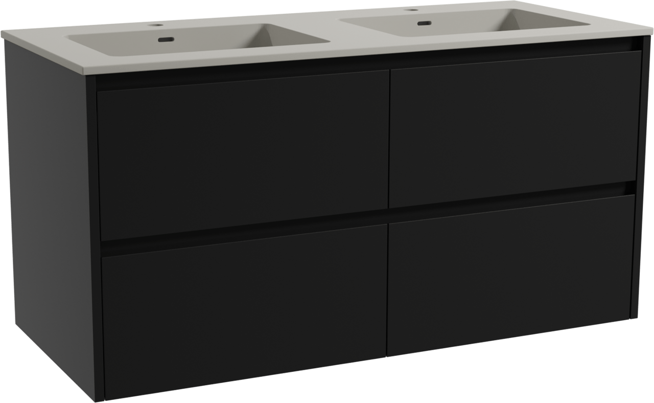 Storke Seda zwevend badkamermeubel 120 x 52 cm mat zwart met Diva dubbele wastafel in top solid zijdegrijs