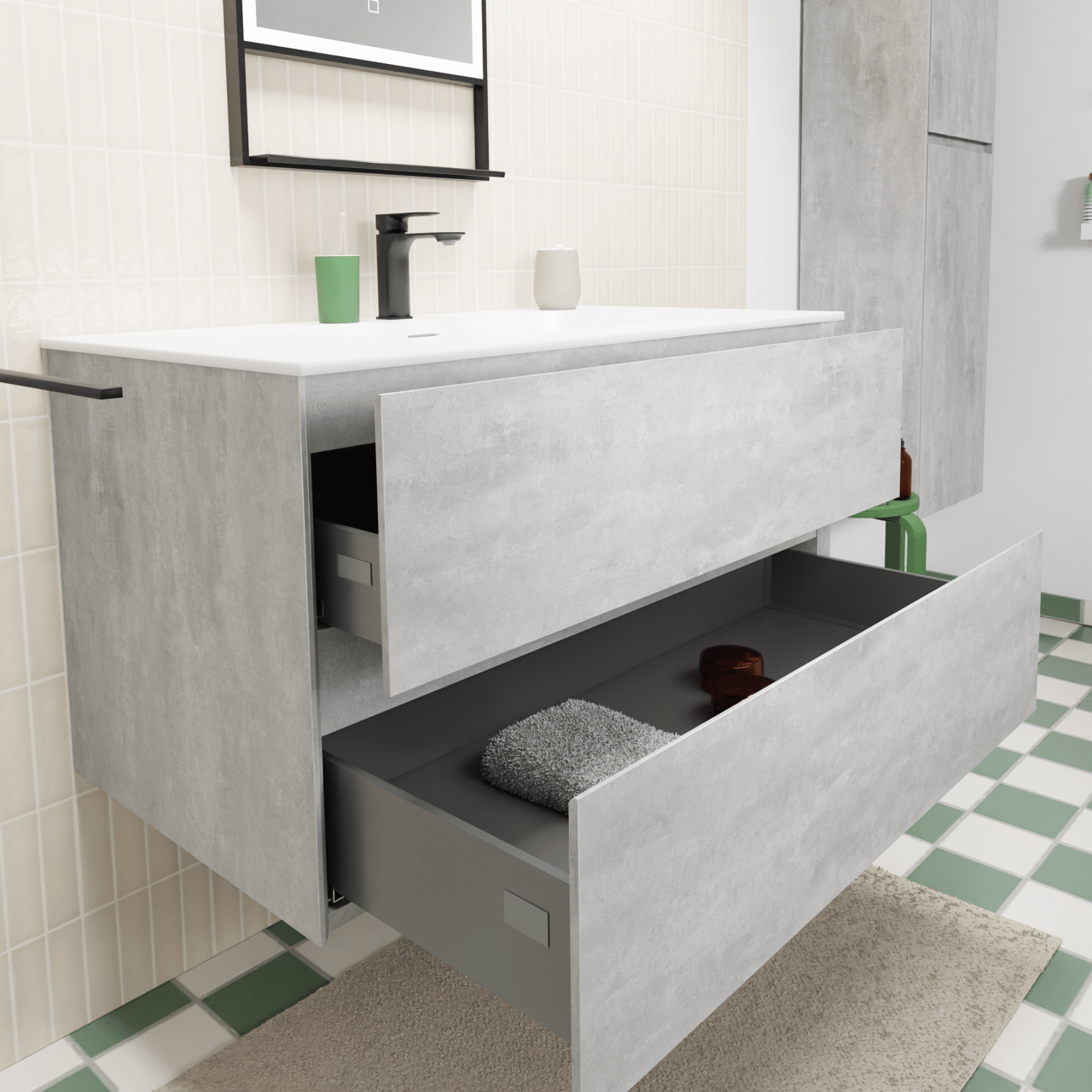 Storke Edge zwevend badkamermeubel 95 x 52 cm beton donkergrijs met Mata enkele wastafel in solid surface mat wit