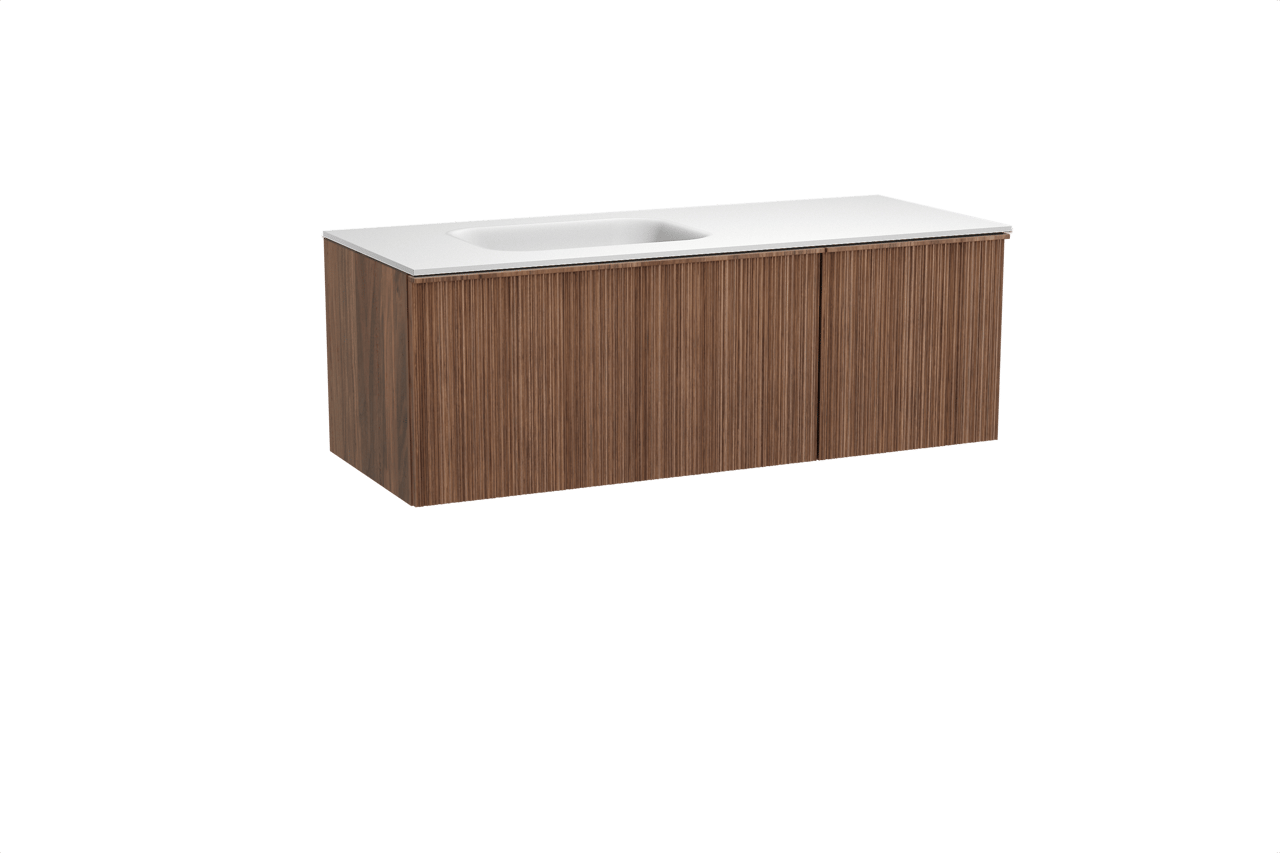 Balmani Forma hängendes Möbelstück Set: 135 x 55 cm, Amerikanischer Nussbaum, mit Tablo Arcato Waschtisch links, Solid Surface, Weiß matt, Vertikale asymmetrische Runde Rippe