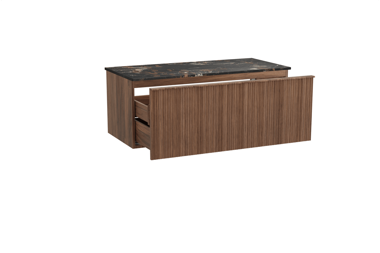 Balmani Forma meuble salle de bains suspendu 120 x 55 cm noyer américain avec Stretto tablette simple en marbre portoro gold, Nervure circulaire asymétrique verticale