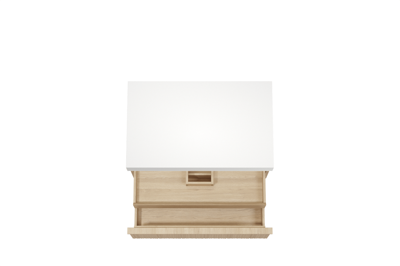 Balmani Forma hängendes Möbelstück Set: 90 x 55 cm, Naturbelassene Eiche, mit Dominus Einzel Waschtischplatte, Solid Surface, Weiß matt, Vertikale asymmetrische Runde Rippe