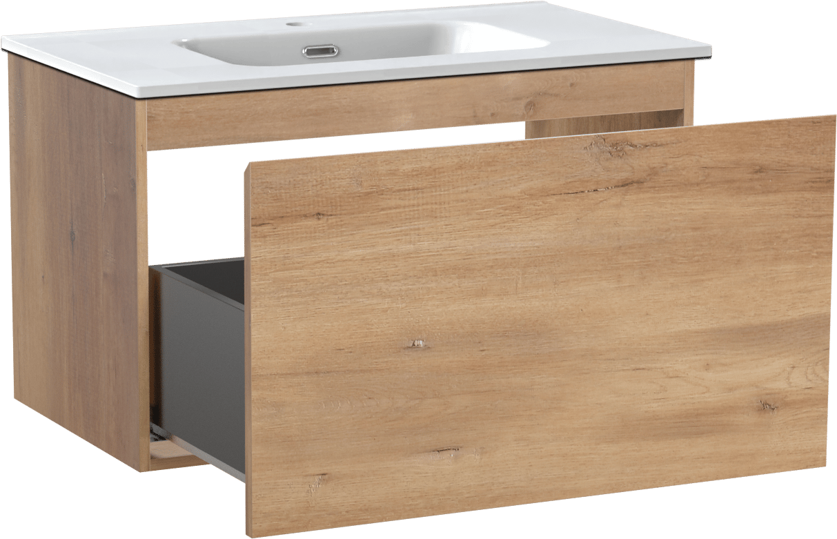Linie Lado zwevend badkamermeubel 80 x 46 cm natuur eik met Baro enkele wastafel in porselein glanzend wit