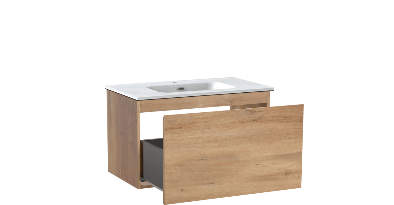 Linie Lado meuble salle de bains suspendu 80 x 46 cm chêne naturel avec Baro plan simple en porcelaine blanc brillant