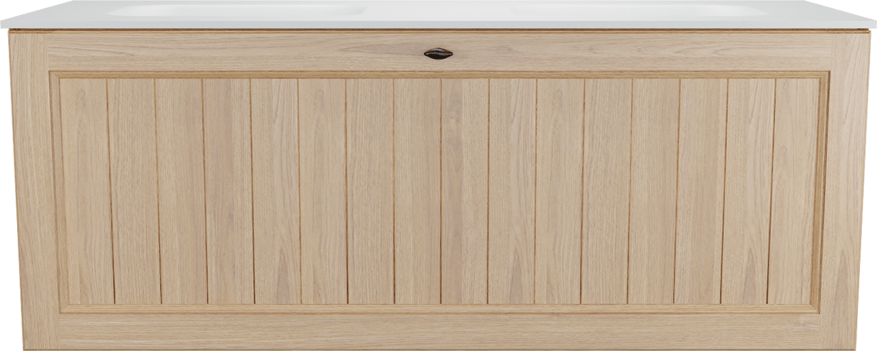 Balmani Lemon zwevend badkamermeubel 135 x 55 cm, fineer natuur eik met Tablo Arcato dubbele wastafel in mat wit