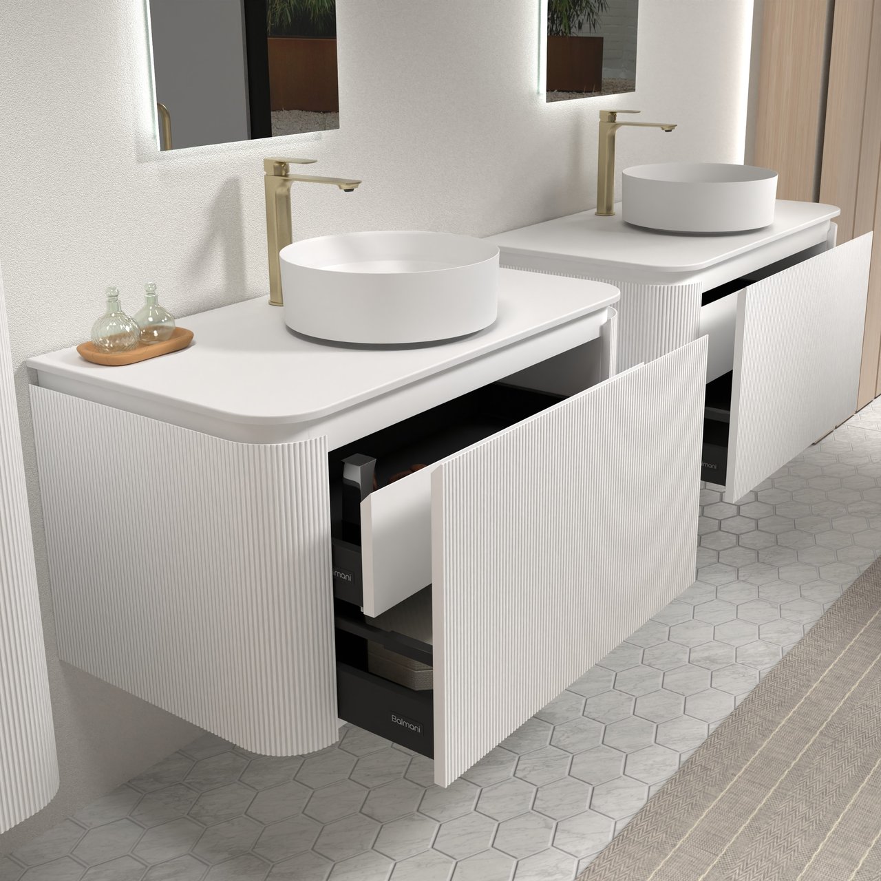 Balmani Moon hängendes Möbelstück Set: 100 x 55 cm, Weiß matt, mit Moon Einzel Waschtischplatte, Solid Surface, Weiß matt, Vertikale symmetrische gerade Rippe