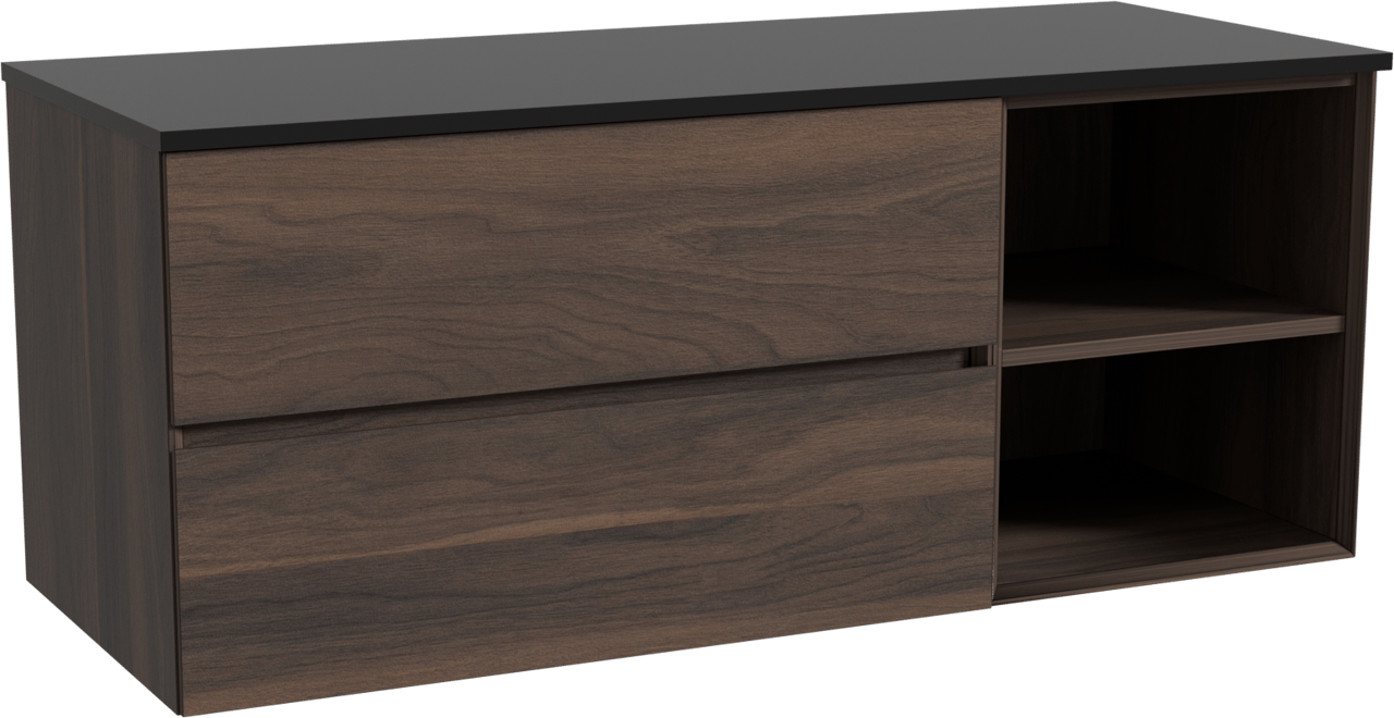 Storke Edge zwevend badkamermeubel 130 x 52 cm notelaar met Panton enkel of dubbel tablet in gepoedercoate mdf mat zwart