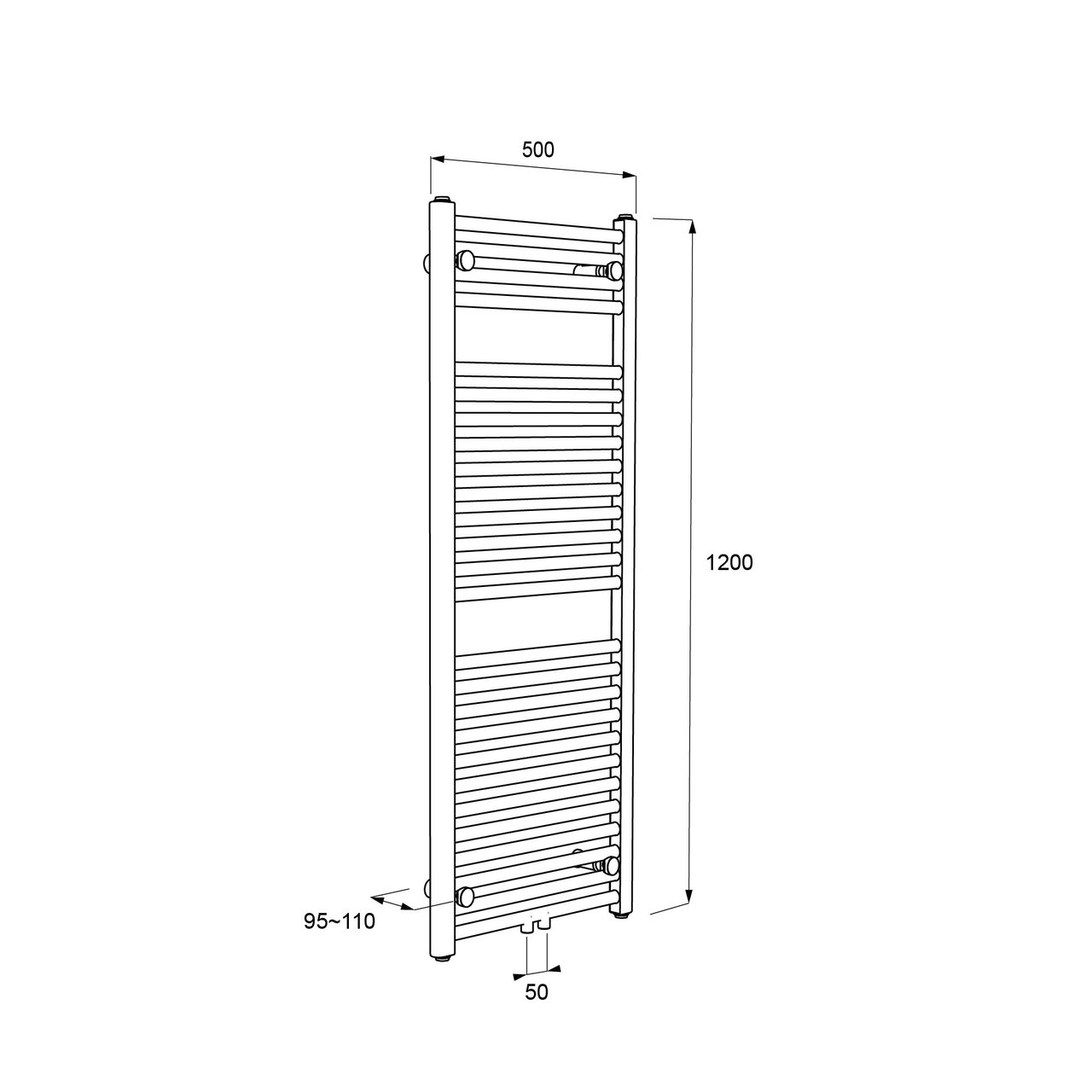 Vipera Kanza enkele handdoekradiator 50 x 120 cm elektrische verwarming mat wit zij- en middenaansluiting 543W, weerstand inbegrepen