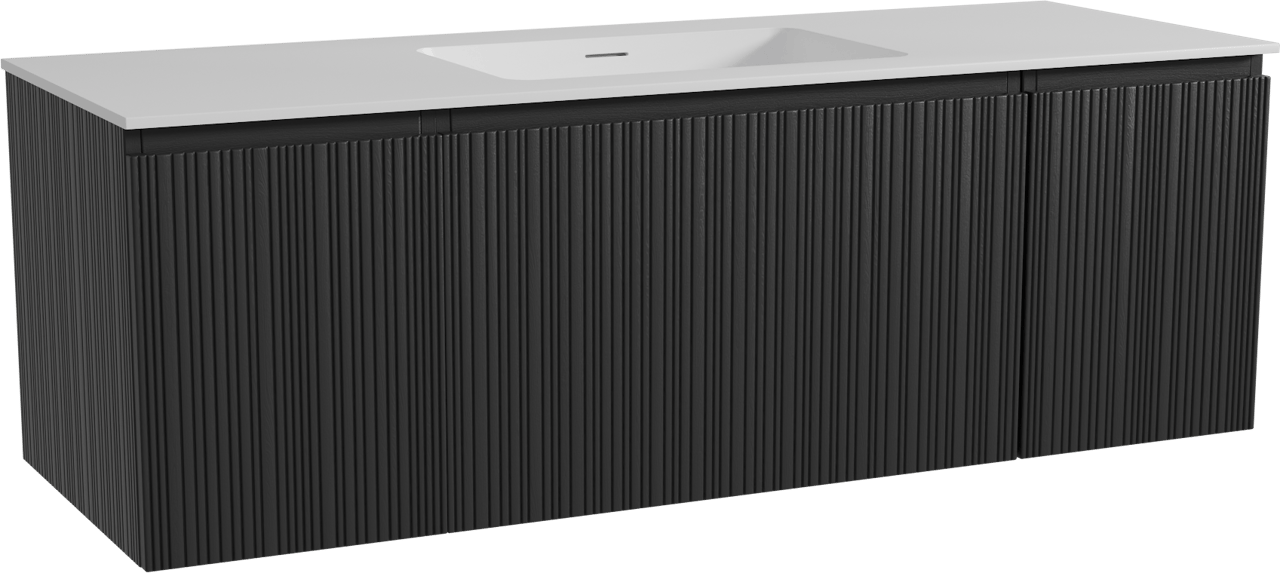 Storke Ribs zwevend badmeubel 145 x 52 cm zwart eiken met Mata enkele wastafel in solid surface mat wit, Verticale asymmetrische rechte ribbel