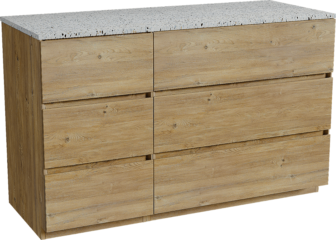 Storke Edge staand badmeubel 130 x 52 cm ruw eiken met Tavola enkel of dubbel wastafelblad in mat wit/zwart terrazzo