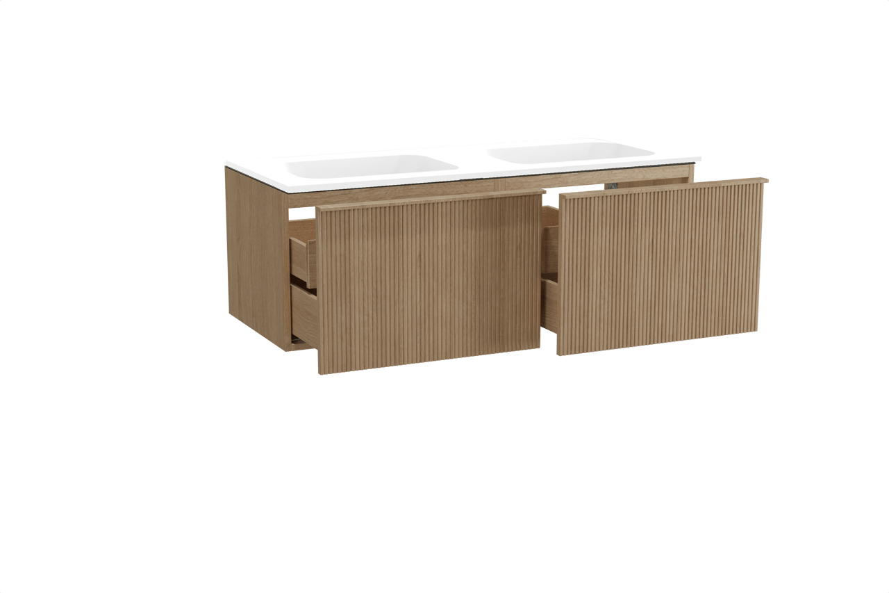 Balmani Forma zwevend badkamermeubel 135 x 55 cm natuur eik met Tablo Strada dubbele wastafel in composietmarmer mat wit, Verticale symmetrische rechte ribbel