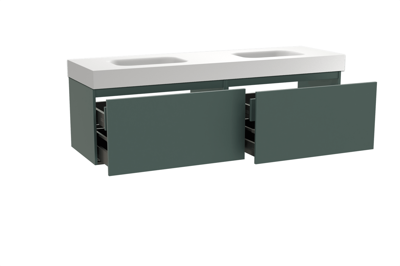 Balmani Sfera hängendes Möbelstück Set: 180 x 55 cm, Forest, mit Arcato Doppelwaschtisch, Solid Surface Weiß matt