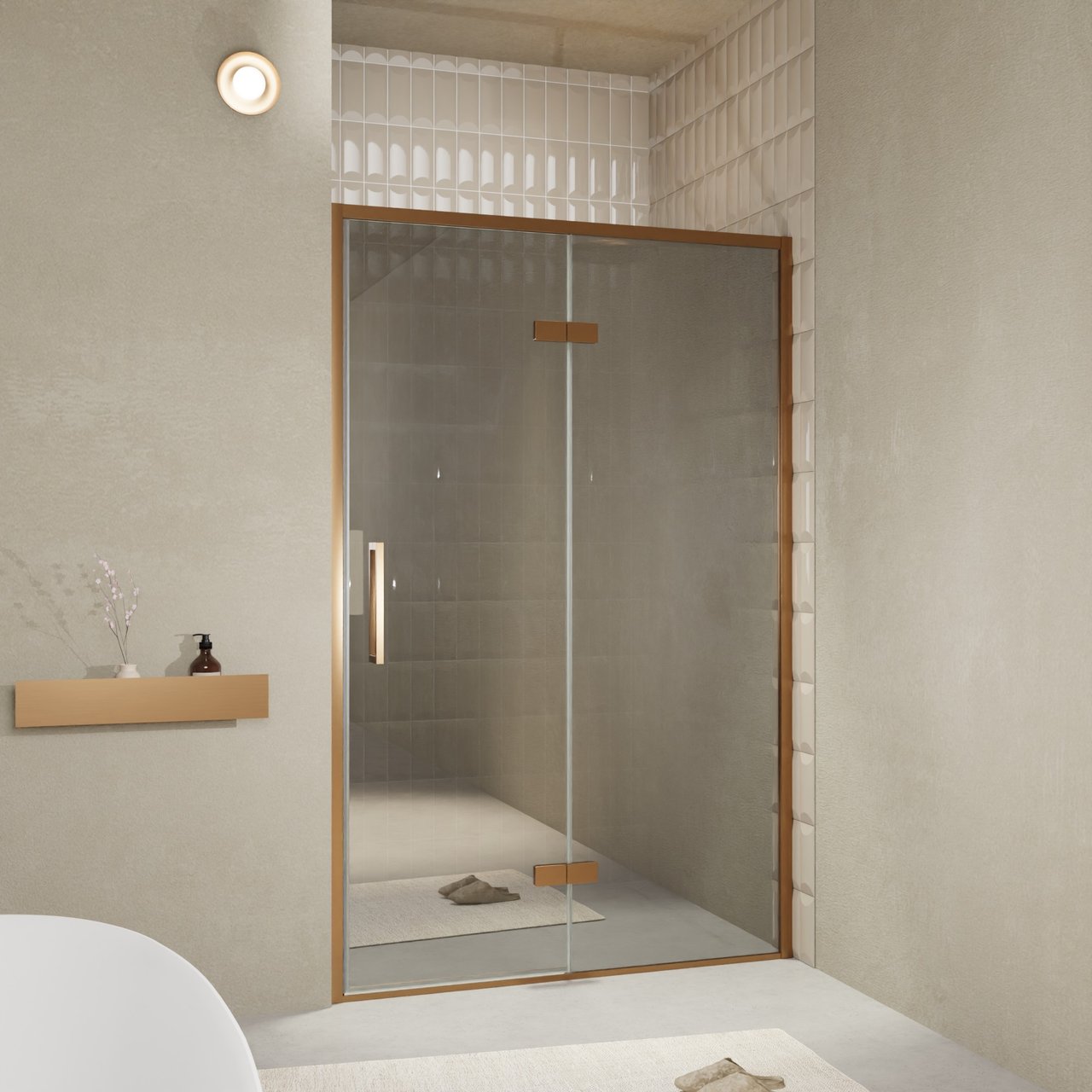 Balmani Senses Design porte pivotante à droite 140 cm x 210 cm verre Miroir Reflex, Profil Brushed Rosegold, coating inclus