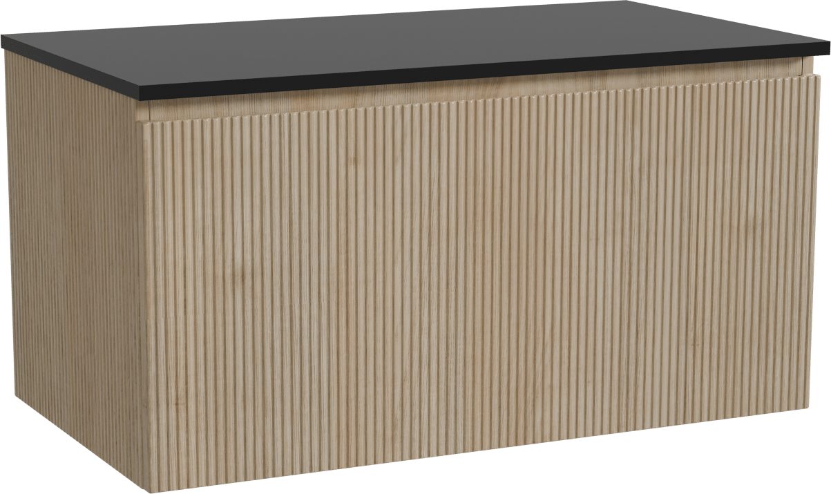 Storke Ribs zwevend badmeubel 95 x 52 cm ruw eiken met Panton enkel wastafelblad in gepoedercoate mdf mat zwart, Verticale symmetrische rechte ribbel