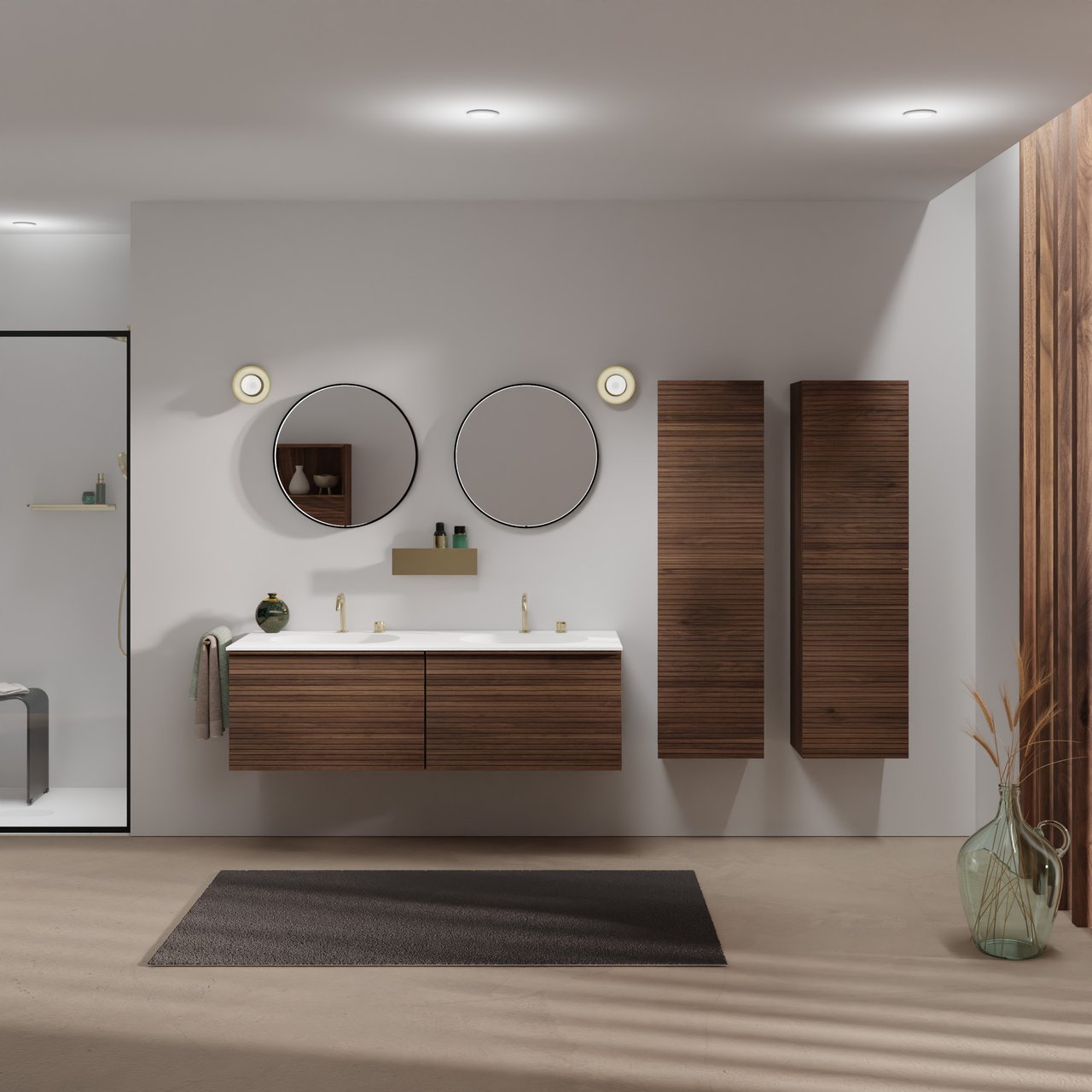 Balmani Forma zwevend badmeubel 150 x 55 cm amerikaans notenhout met Tablo Oval dubbele wastafel in solid surface mat wit, Horizontale symmetrische rechte ribbel